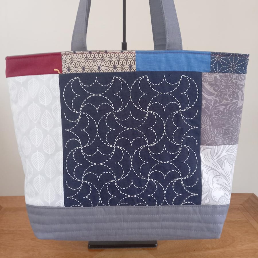 Hand Embroidered Sashiko Patchwork Tote Bag