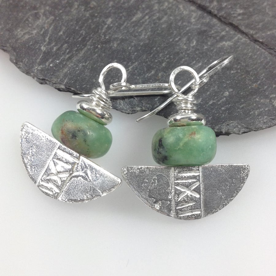 Silver and green chrysoprase tribal blade earrings.