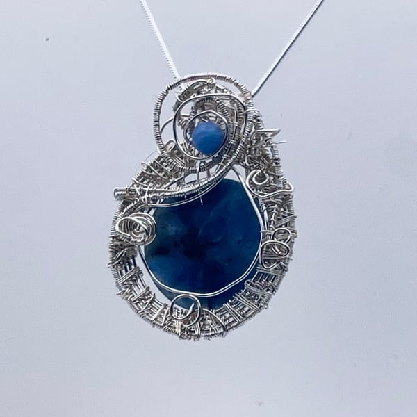 Elegant blue chrysoprase intricately wire wrapped pendant