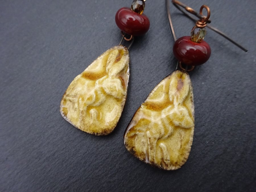 copper earrings, rabbit, hare ceramic charm jewellery
