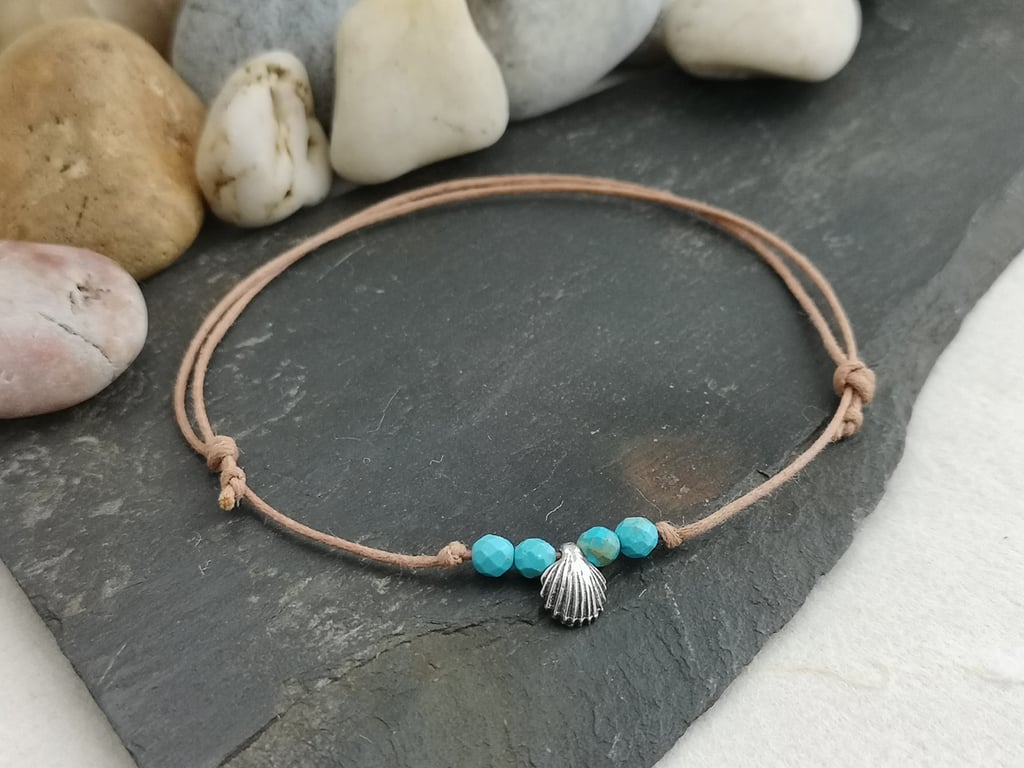 Adjustable cotton cord anklet with turquoise beads and shell charm