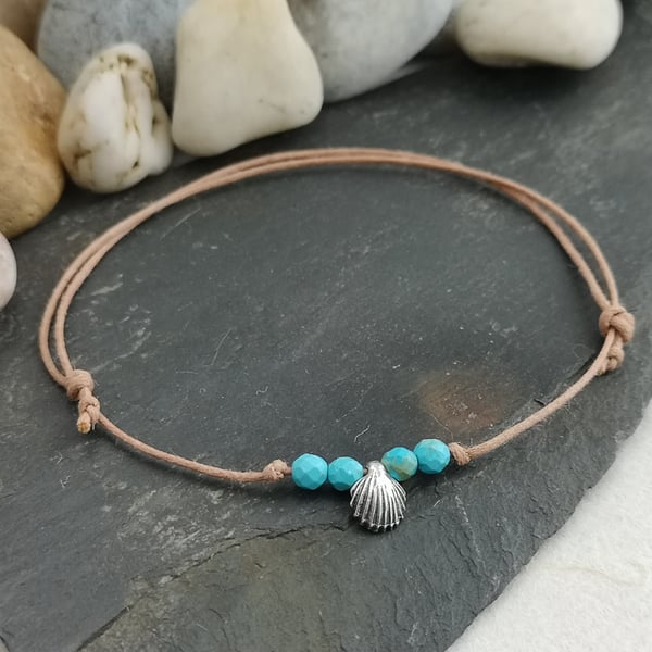 Adjustable cotton cord anklet with turquoise beads and shell charm
