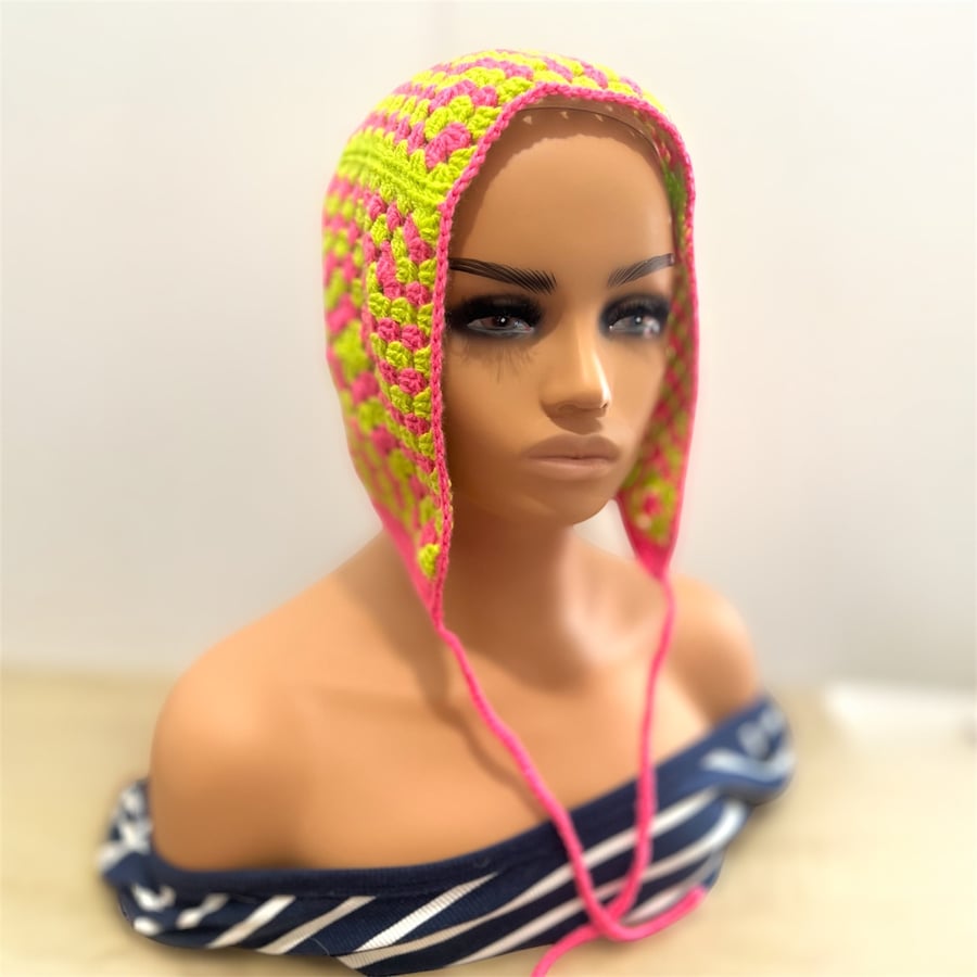 Handmade Granny Square Crochet Bonnet Neon Pink and Green Retro Style Balaclava