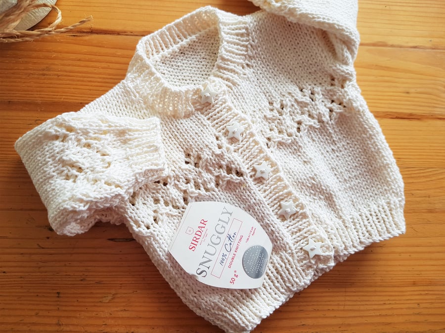 Hand Knitted Cream Soft Cotton Baby Cardigan 16"