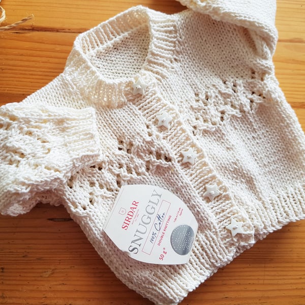 Hand Knitted Cream Soft Cotton Baby Cardigan 16"