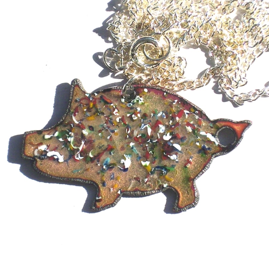 multicolour pig, glass chip over clear enamel - pendant