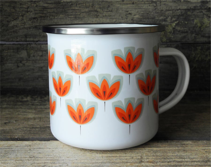 ORANGE TULIP Enamel Camping Mug - Orange Retro Stylised Flowers