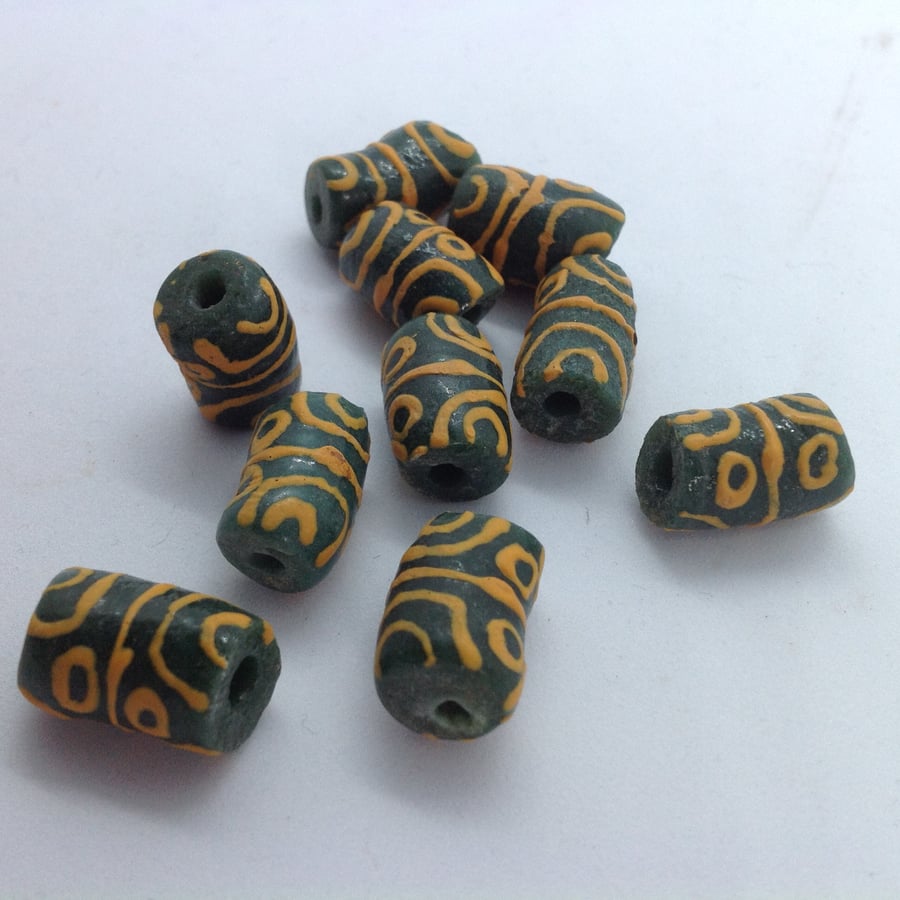10 green and yellow African tube beads of recycled glass approx 1.75 - 2cm long