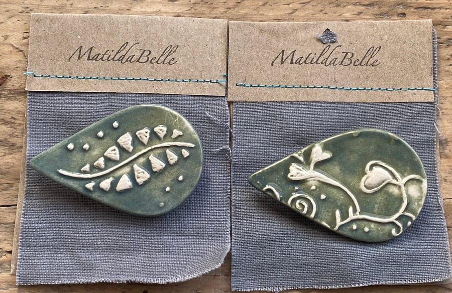 Choice of two handmade Ceramic Botanical Brooches in Green