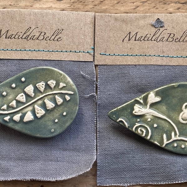 Choice of two handmade Ceramic Botanical Brooches in Green