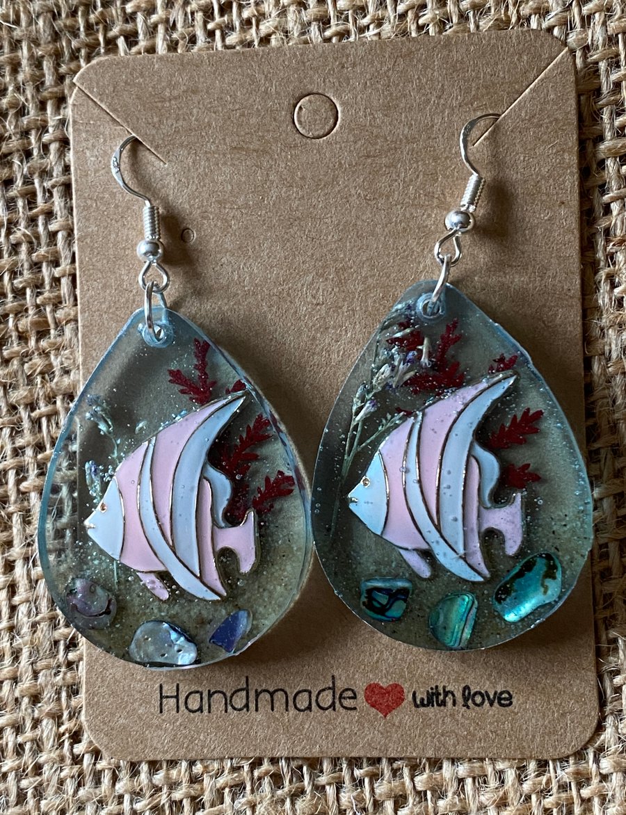 Handmade Teardrop Resin Earrings Featuring A Marine Fish In The Sea