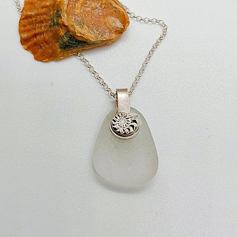 Frosted clear white seaham sea glass necklace with ammonite bail sterling silver