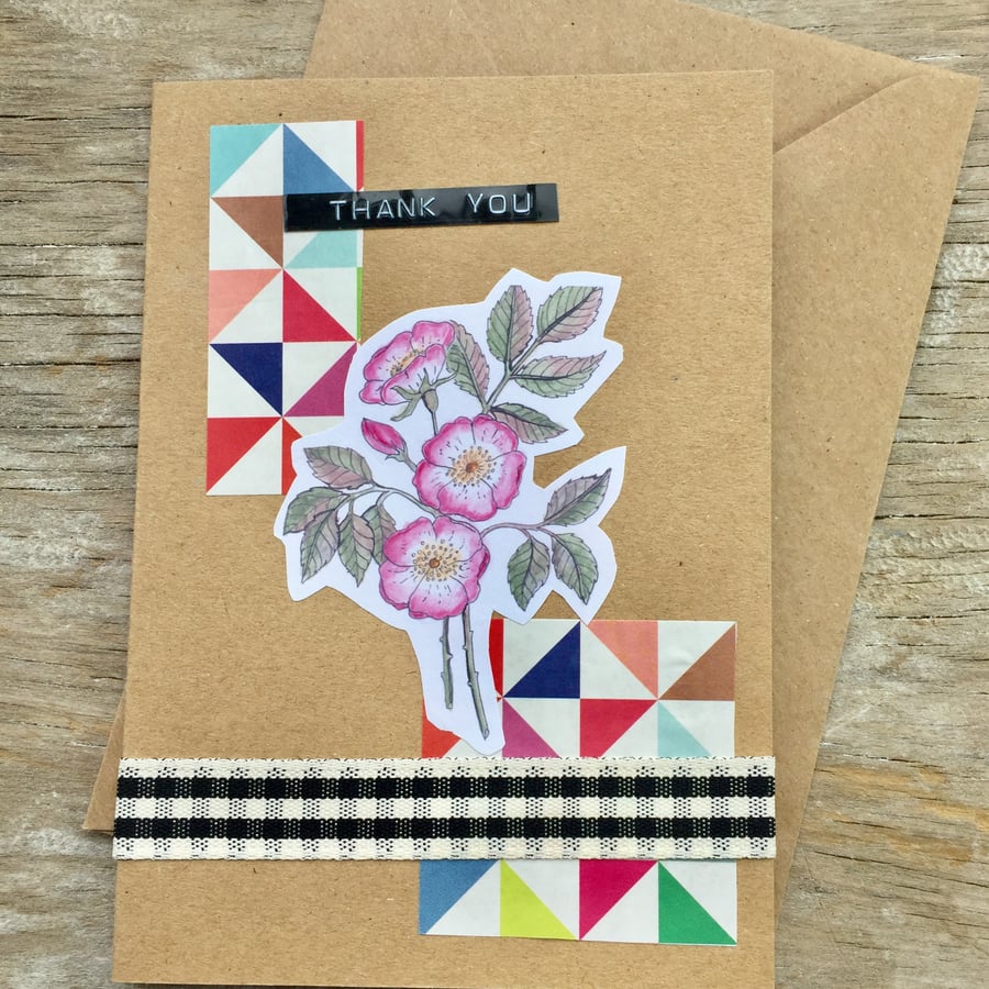 handmade recycled paper card (item no 228) thank you, wild rose