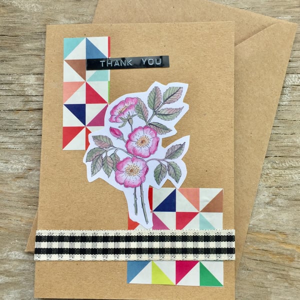 handmade recycled paper card (item no 228) thank you, wild rose