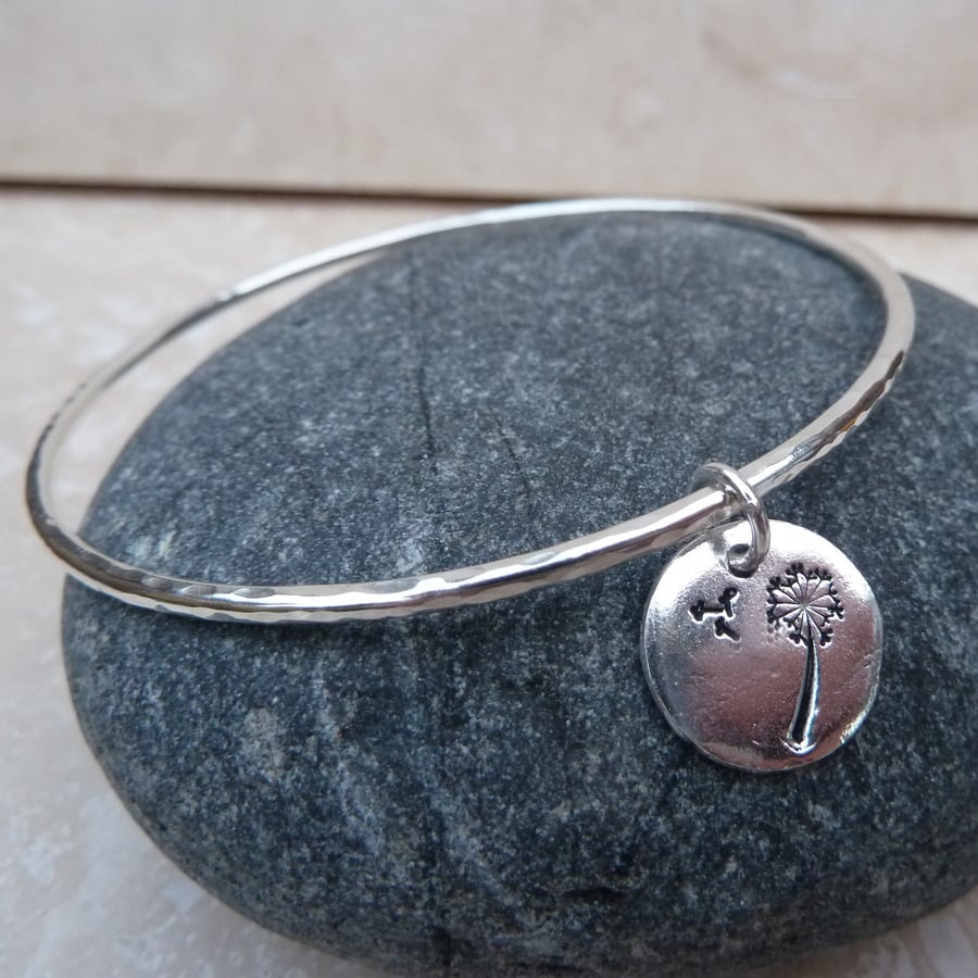 Sterling Silver Hammered Bangle with Dandelion Wishes Charm - BAN007