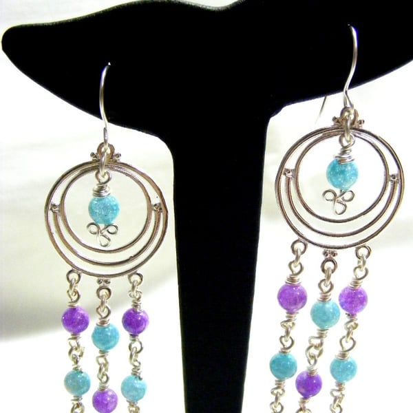 Blue and Purple Crackled Quartz Chandelier Earrings