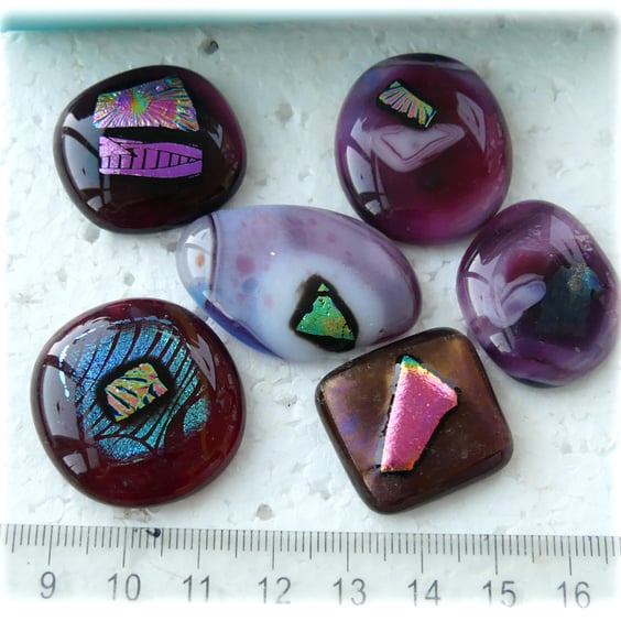6 Purple fused glass Dichroic decorated cabochons flat back nuggets jewellery