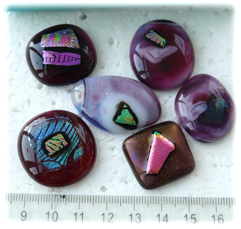 6 Purple fused glass Dichroic decorated cabochons flat back nuggets jewellery