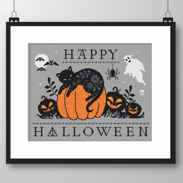 320 - Cross Stitch Happy Halloween Pumpkin Jack o Lanterns and sleepy kitten