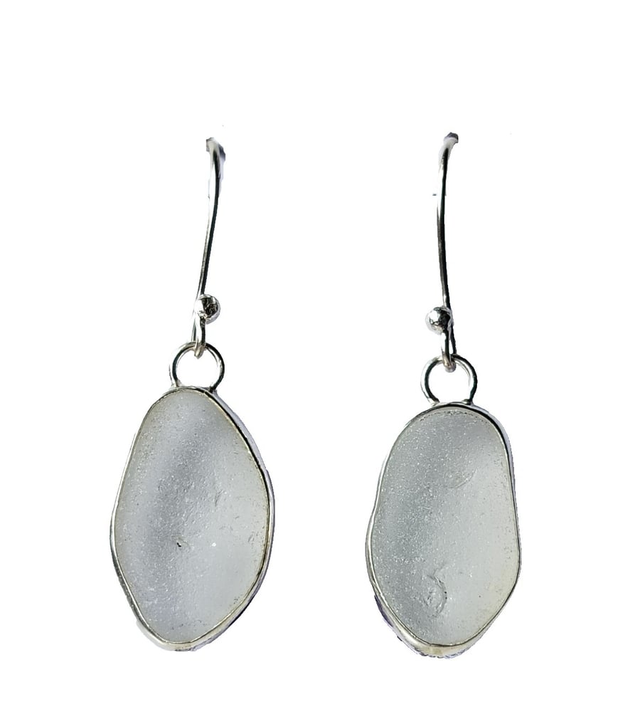 White Seaglass Dangly Earrings in Fine Silver & Recycled Sterling Silver