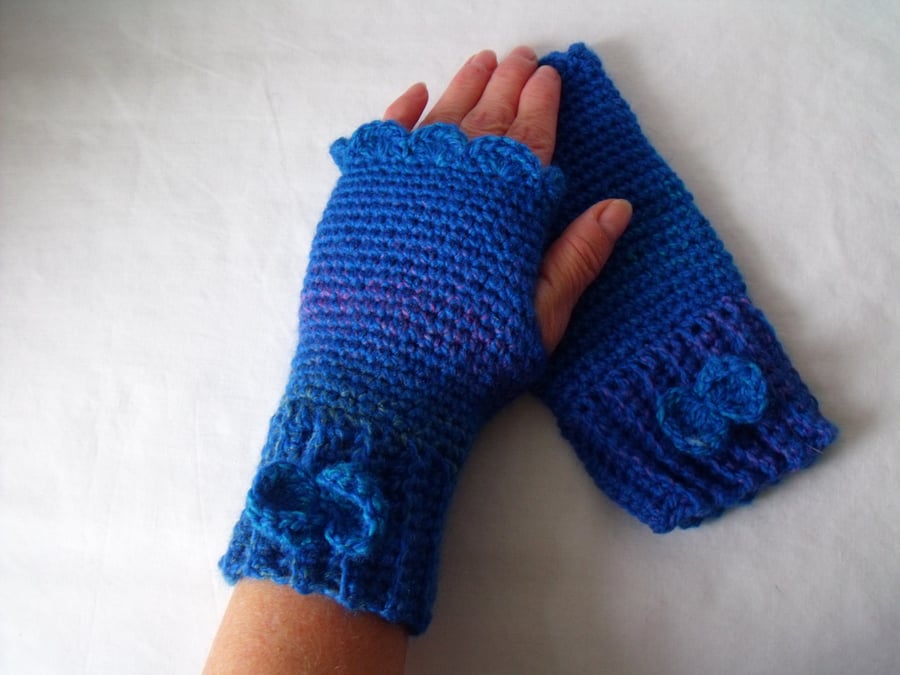 blue crocheted fingerless gloves, acrylic girls fingerless mittens, medium