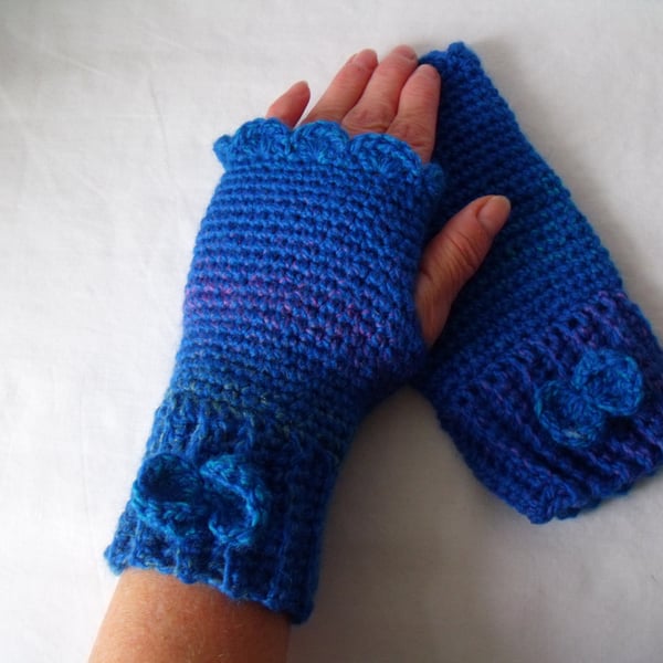 blue crocheted fingerless gloves, acrylic girls fingerless mittens, medium