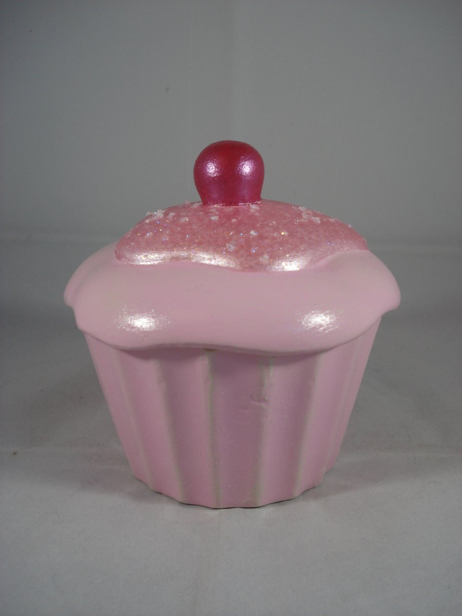 Ceramic Hand Painted Glittery Pink Cup Cake Party Food Jewellery Trinket Box.