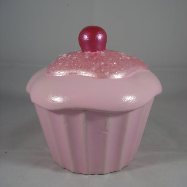 Ceramic Hand Painted Glittery Pink Cup Cake Party Food Jewellery Trinket Box.