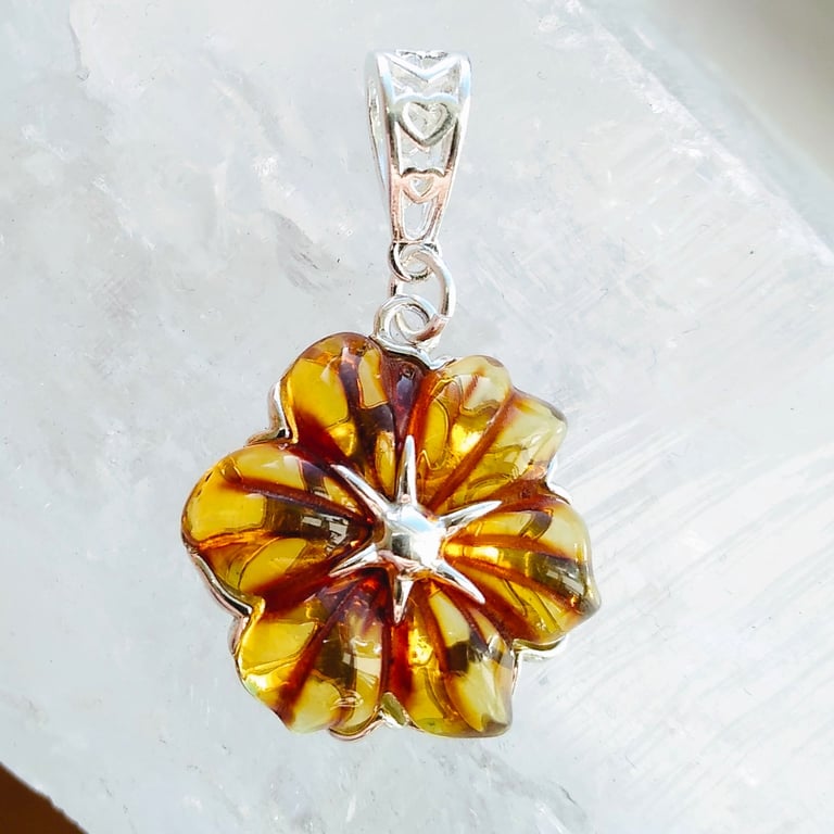 Genuine Baltic Amber Carved Flower and Sterling Silver Pendant with Heart Bail