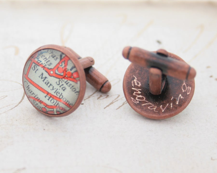 Engraved old copper Custom Map Cufflinks Made to Order
