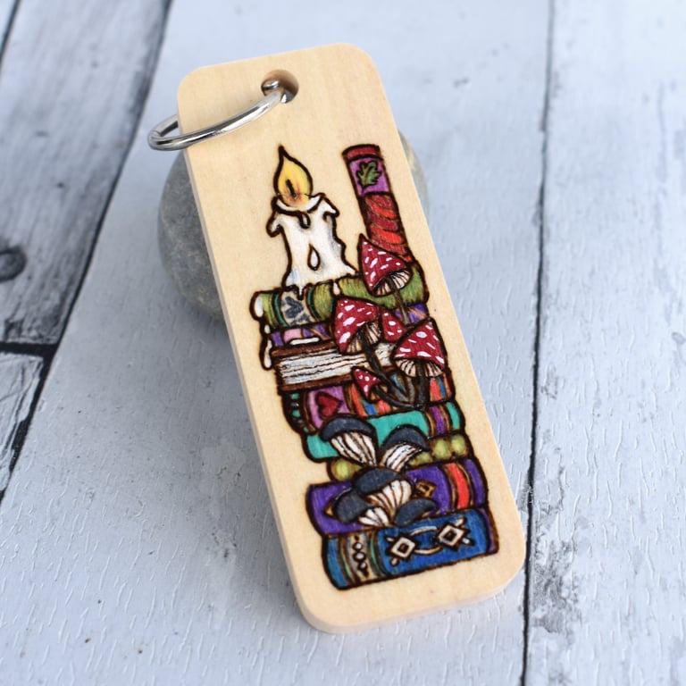 The mycologist's library. Pyrography key ring.