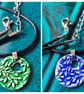 Clay small round embossed ivy leaf blue or green necklace pendant