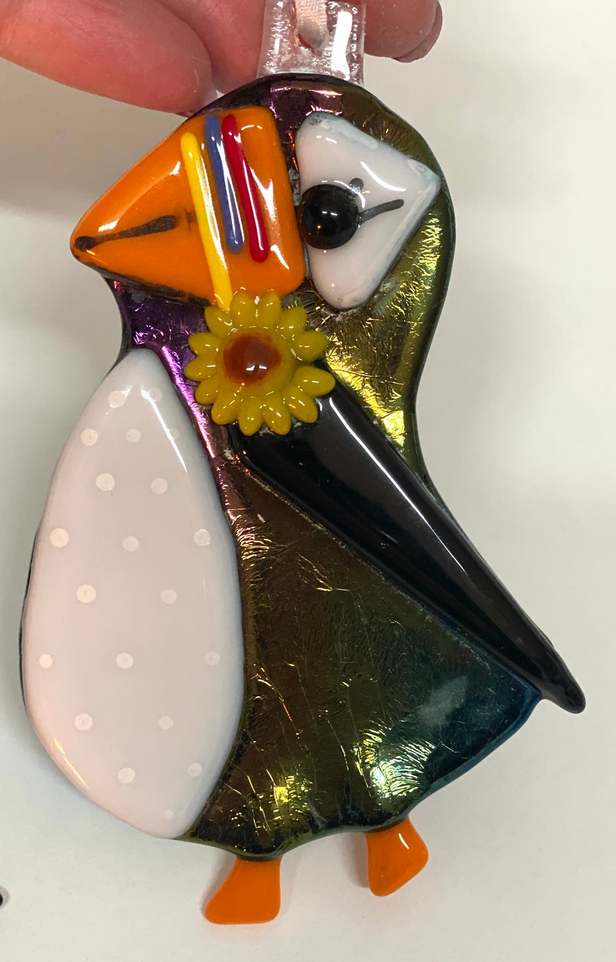 Gorgeous glass puffin hanging ornament 