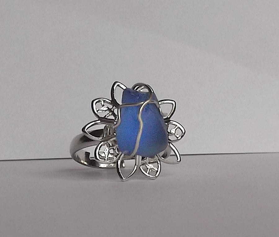 Blue sea glass Ring. Sea glass jewellery.