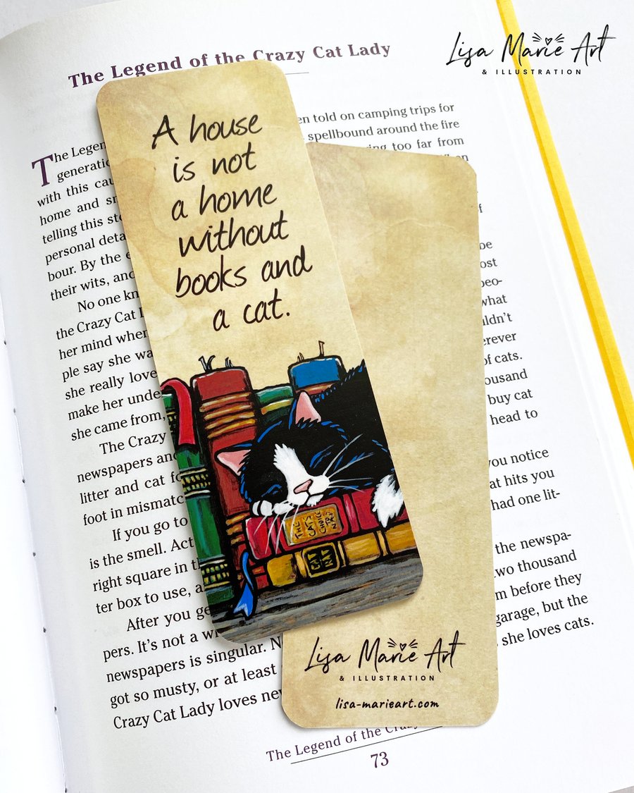Sleeping Cat & Books Bookmark, 52mm x 148mm