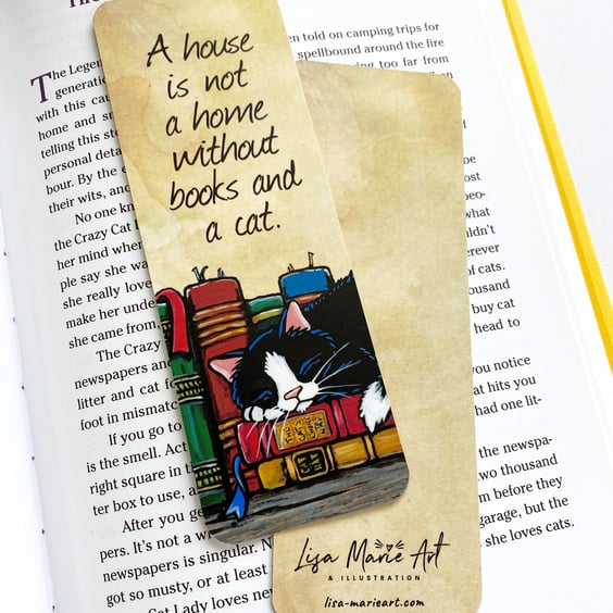 Sleeping Cat & Books Bookmark, 52mm x 148mm