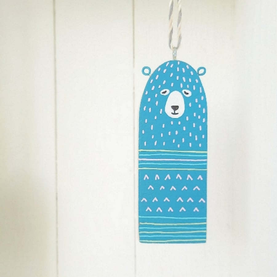 Teal Bear Decoration, Handmade Wooden Decoration, Reclaimed Wood, Low Waste