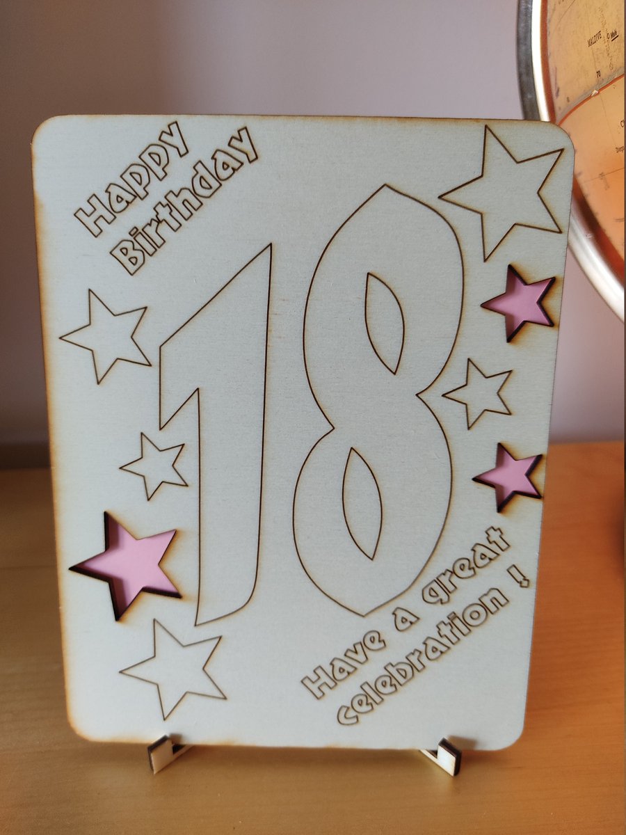 Happy 18th Birthday card, wooden laser-cut, Pink stars