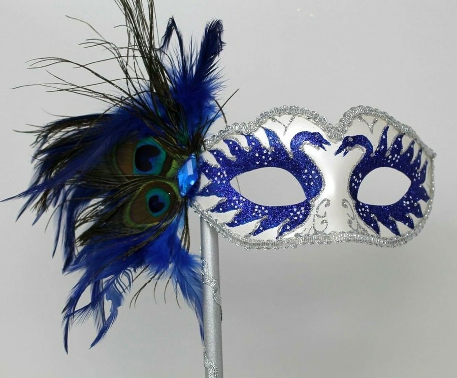 Blue and Silver Swan Lake Peacock Mask on Stick