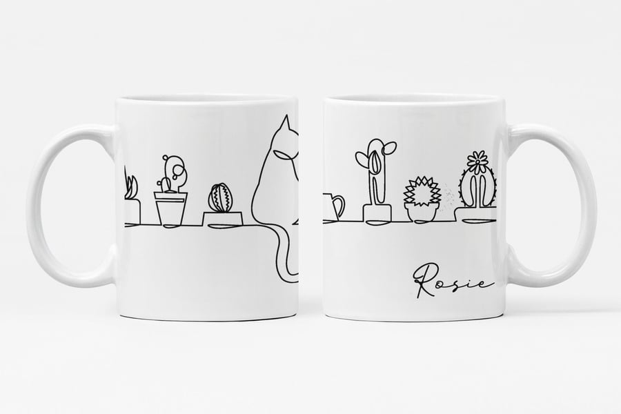 Black and White Cat Drawing Outline Coffee Mug With Personalised Name Cactus