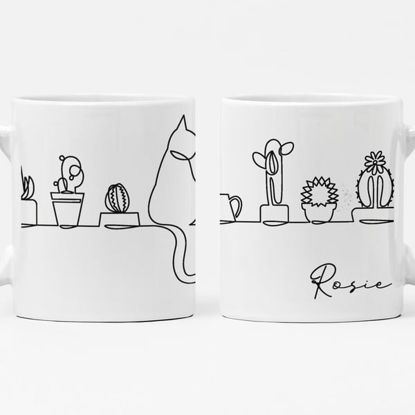 Black and White Cat Drawing Outline Coffee Mug With Personalised Name Cactus