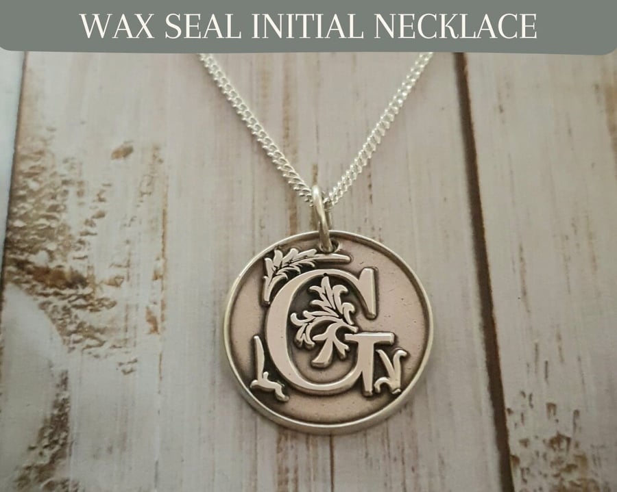 Wax Seal Initial Necklace: Sterling Silver Embossed Letter Charm