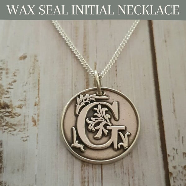 Wax Seal Initial Necklace: Sterling Silver Embossed Letter Charm