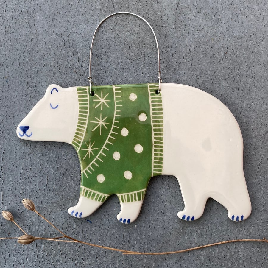 Ceramic Polar Bear with green jumper  Decoration