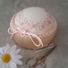 Delicate hand embroidered pincushion, sewing gift, pink cupcake pin cushion   