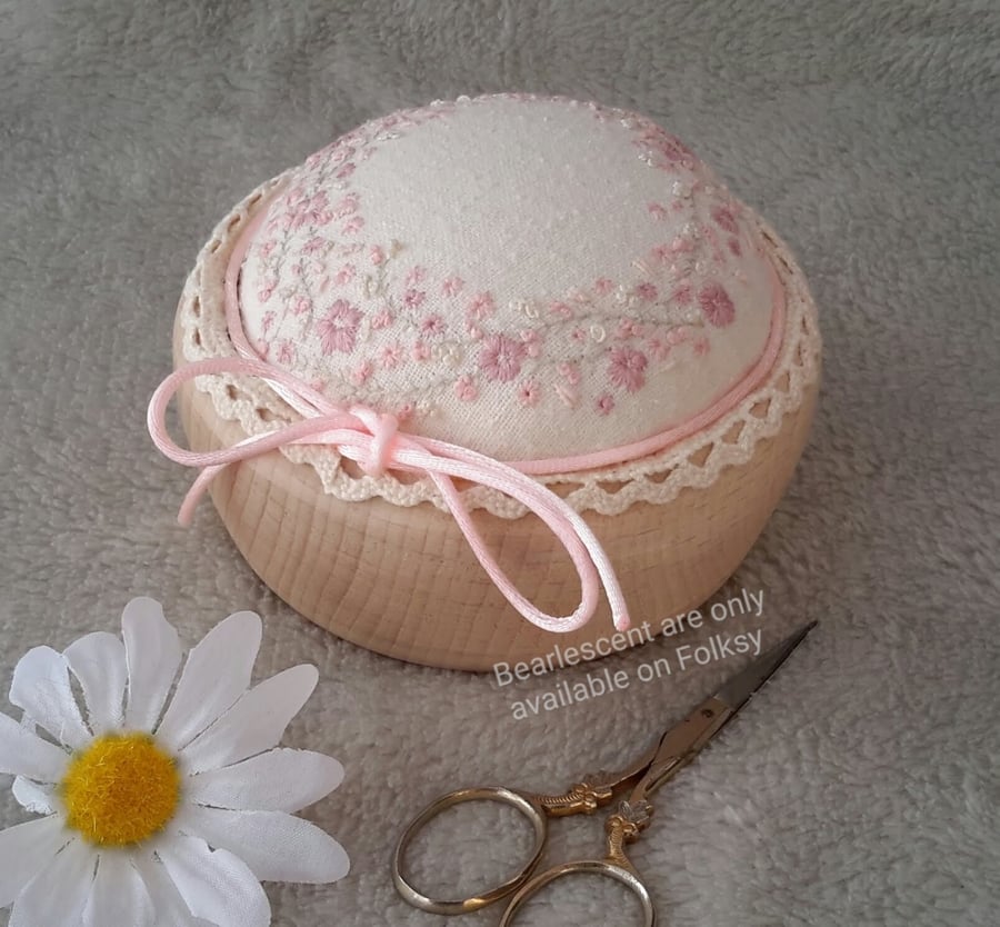 Delicate hand embroidered pincushion, sewing gift, pink cupcake pin cushion   