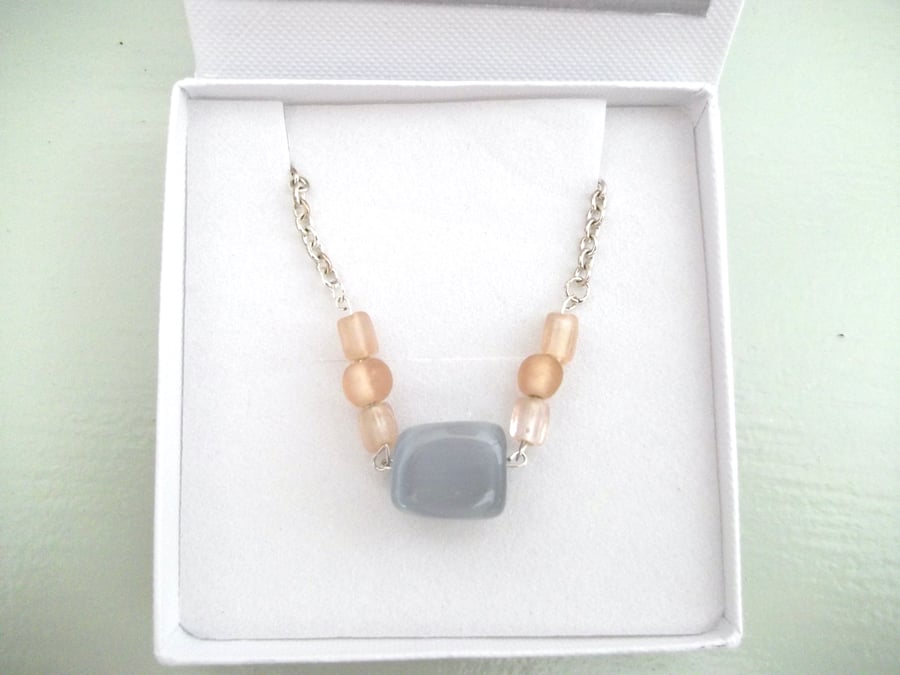 Moonstone and Vintage Pale Pink Satin Glass Bead Necklace