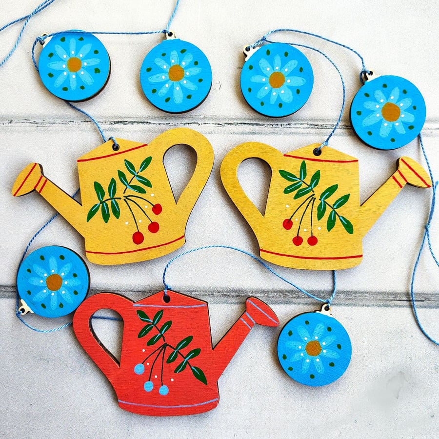 Wooden garland with watering cans and flowers – gift for gardeners garden lovers