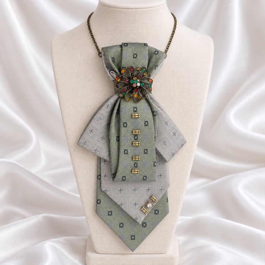 Sage Garden Upcycled Necktie Statement Necklace