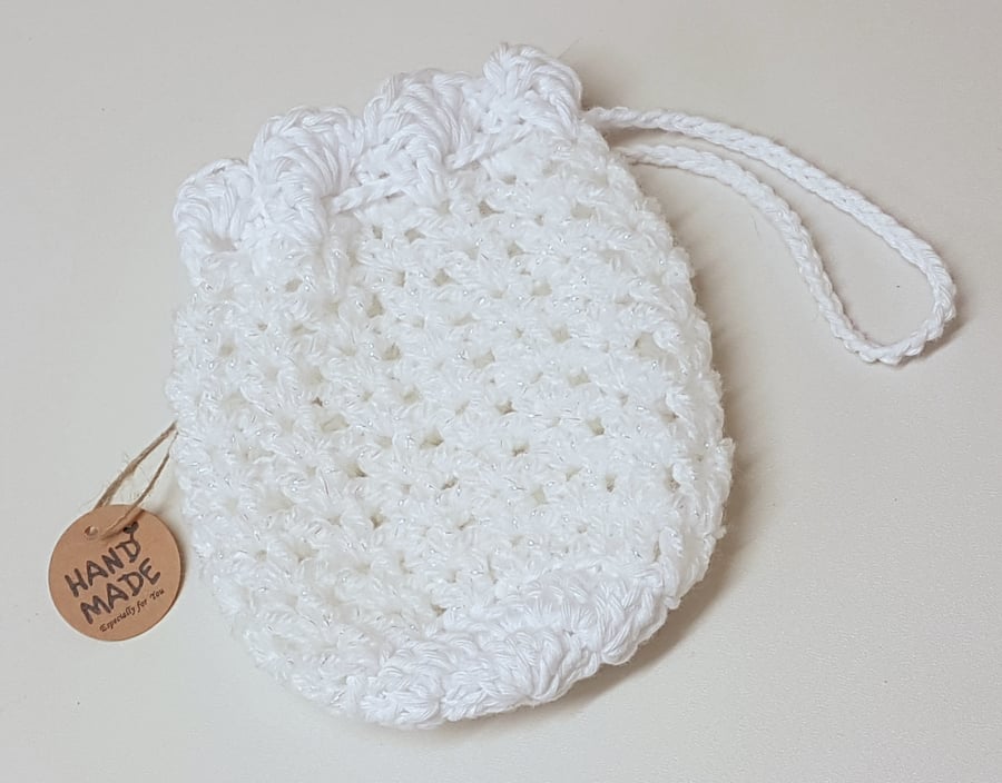White sparkly drawstring pouch bag